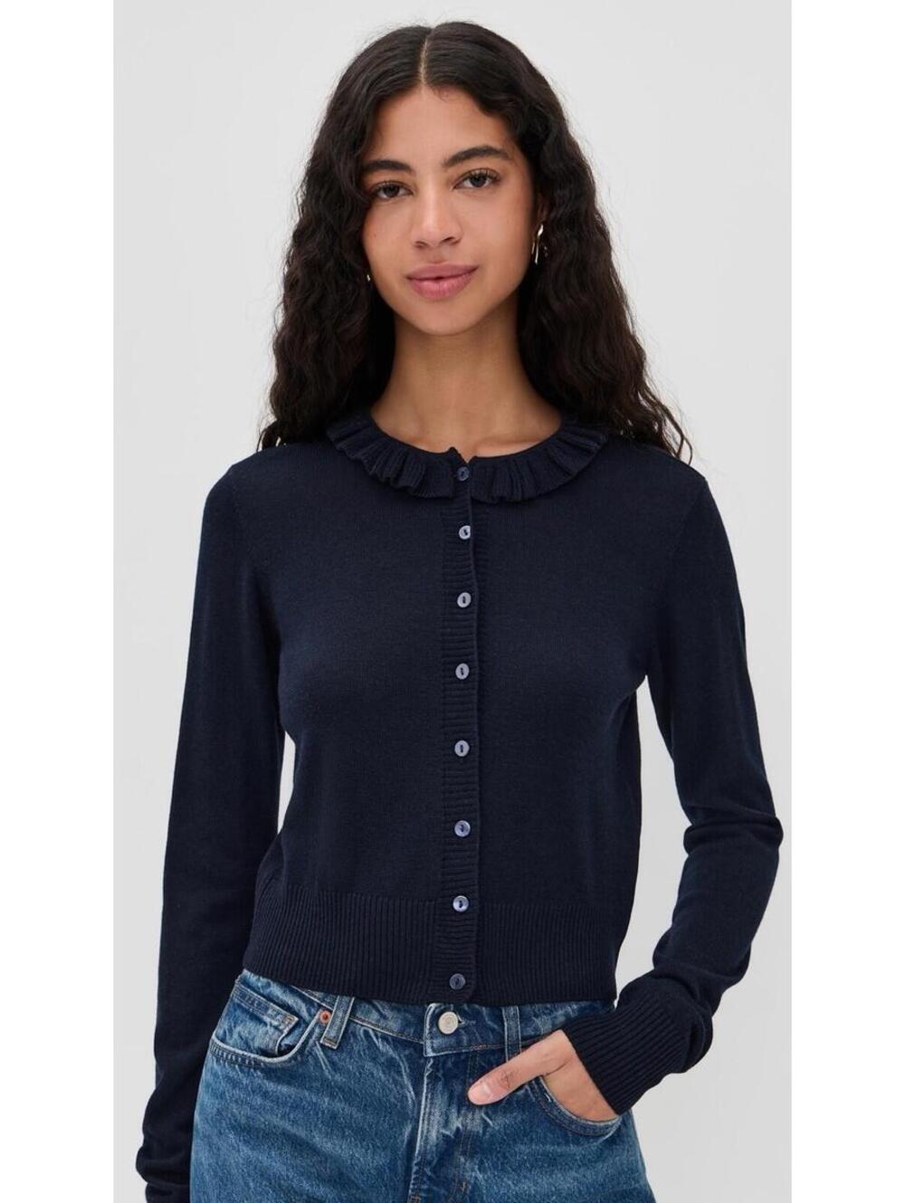 New Favorite Daughter The Meet the Parents Ruffle Neck Wool Cardigan Navy L $268